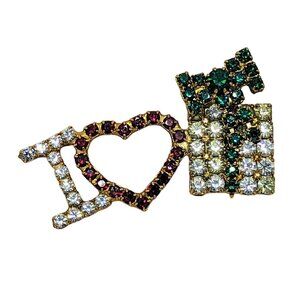 Vintage "I Love Gifts " Rhinestone Brooch Pin In Gold-Tone Metal